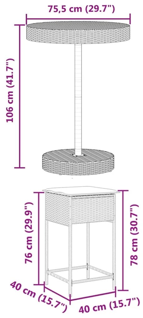 5 pcs conjunto de bar p/ jardim c/ almofadões vime PE preto