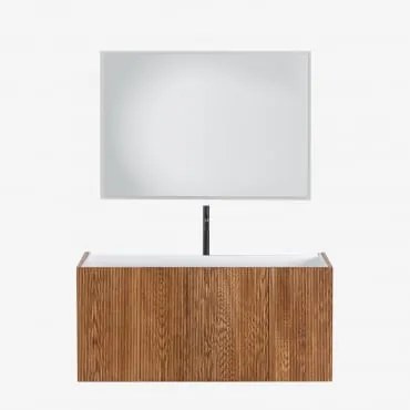 Conjunto De Móvel De Casa De Banho Suspenso 120x50 Cm Em Madeira Com Lavatório Integrado Fiore Castanho Fresno & Led Retangular - Sklum