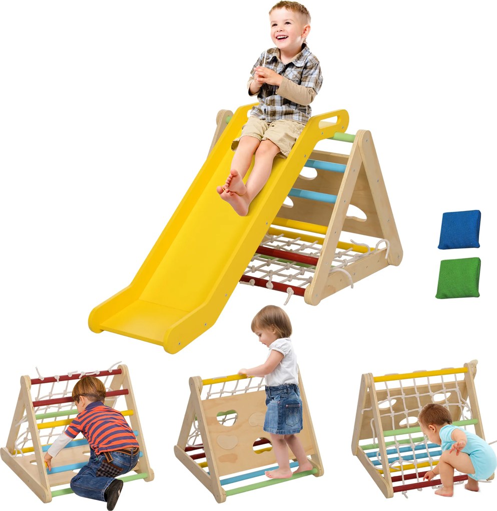 Triângulo de escalada 5 em 1 com escorrega 119 x 63 cm para crianças e percurso de motricidade multicolorido