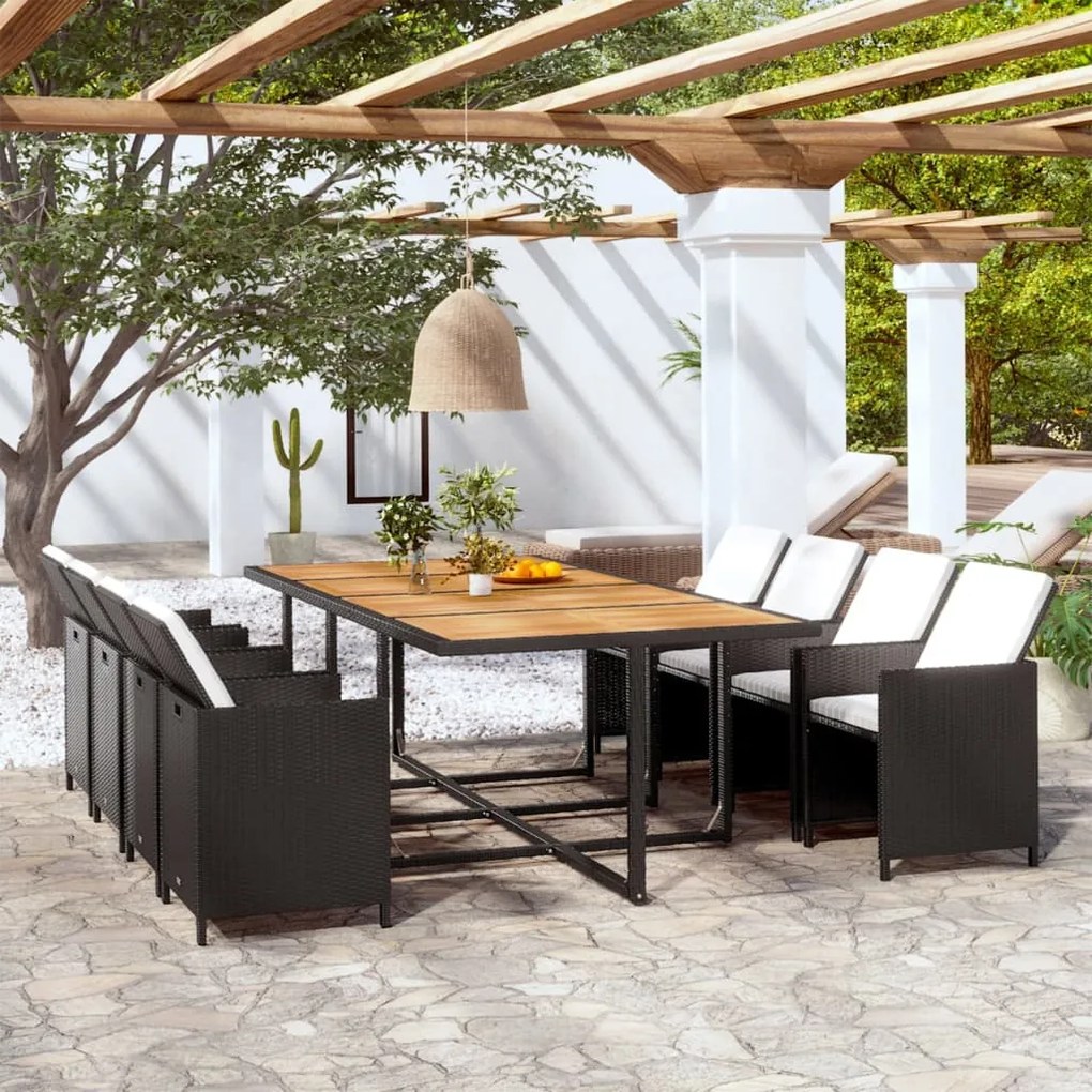 vidaXL 13 pcs conjunto jantar exterior com almofadões vime PE preto