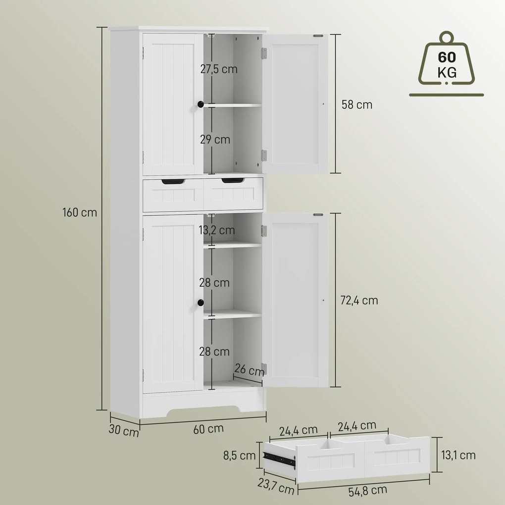 Móvel de casa de banho 60 x 30 x 160 cm, móvel de arrumação com gaveta e 4 portas, estilo moderno, branco