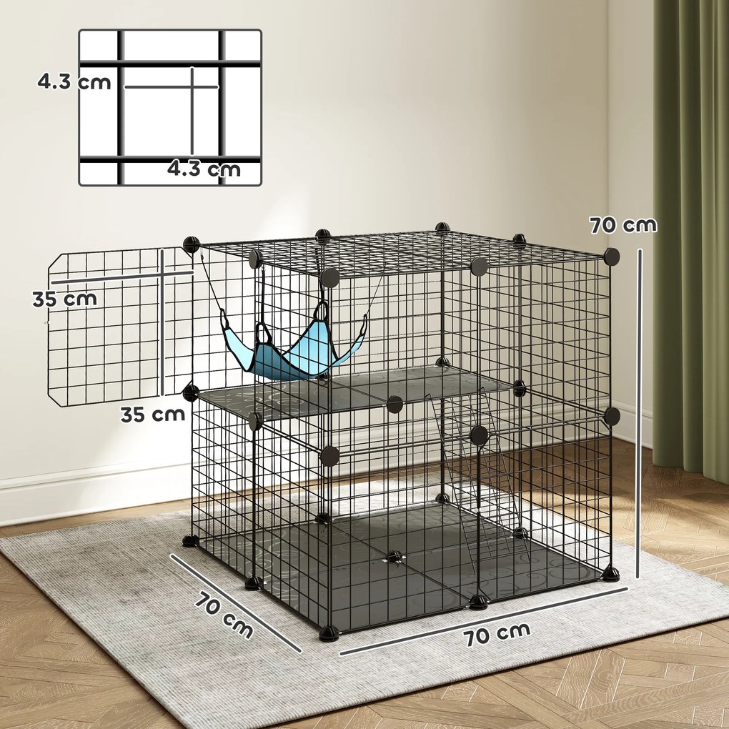 Gaiola Interior para Gatos de 2 Níveis em Aço com 2 Portas Escada e Rede 70x70x70 cm Preta
