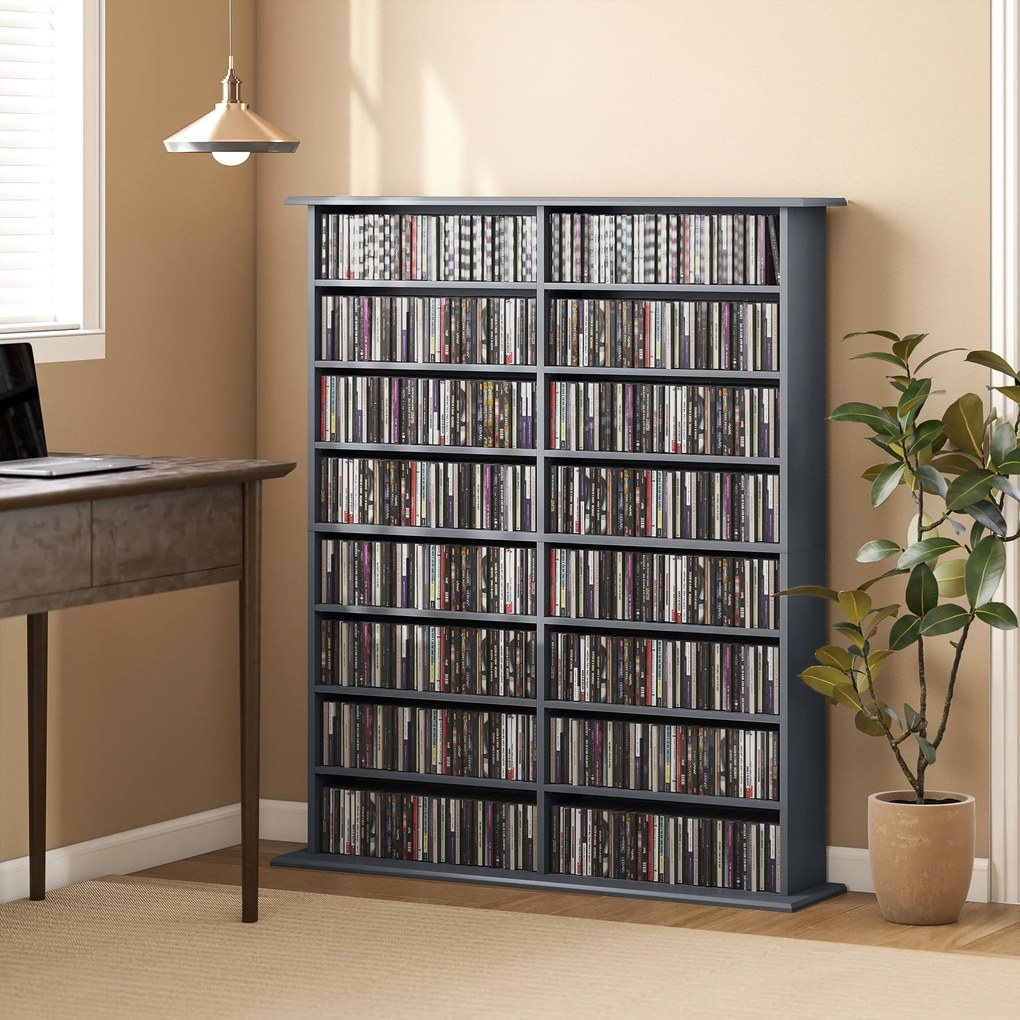 Organizador para CD e DVD 106,5 L x 24 P x 126,3 A cm com 16 compartimentos e 12 prateleiras ajustáveis, capacidade máxima de 720 CD/396 DVD e Blu-ray