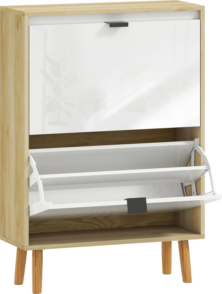 HOMCOM Sapateira Estreita com 2 Portas em Branco Brilhante e Estantes Ajustáveis Pés de Madeira para 12 Pares de Sapatos 60x24x91 cm | Aosom Portugal