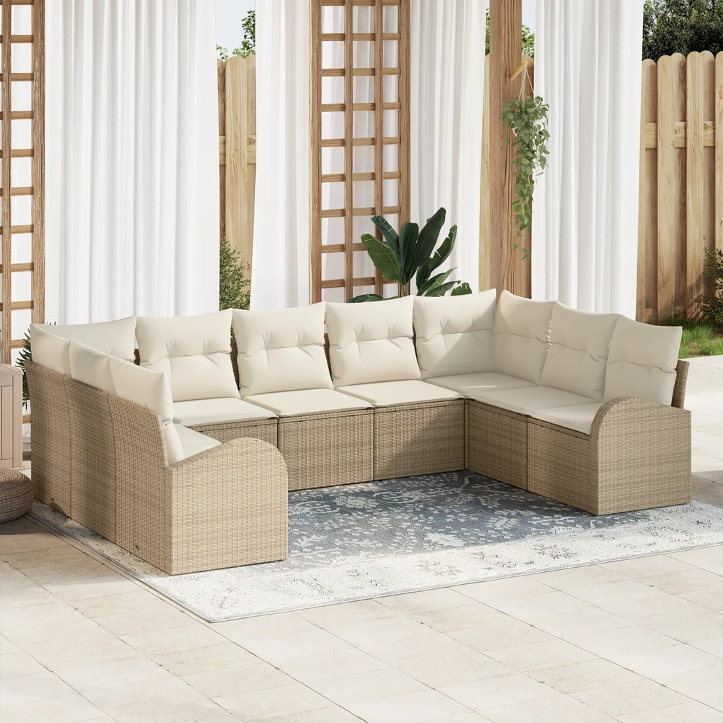vidaXL Conjunto de Sofá de Jardim de 9 Peças com Almofadas Bege Rattan Polimérico
