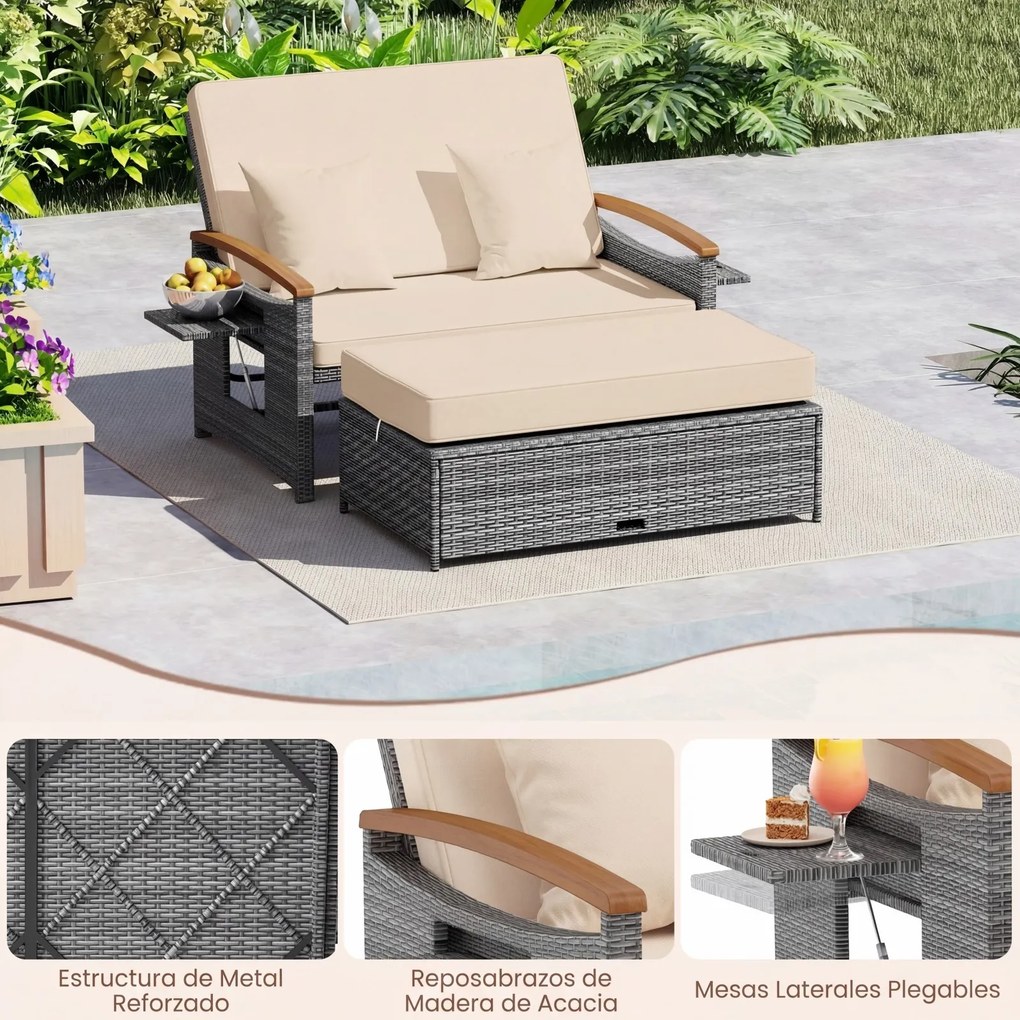 Conjunto de Sofá-Cama de Jardim, Otomana de Arrumação e 2 Mesas Laterais, 164 x 72-111 x 54,5-88 cm, Encosto Regulável em 4 Níveis, Cinzento e Bege