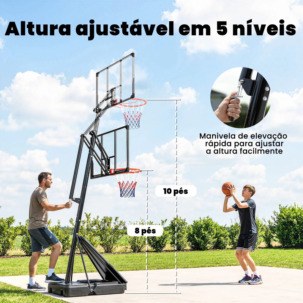 Tabela de Basquetebol para Exterior Ajustável de 245-305 cm com Rodas Base Preenchível e Sistema de Retorno Preto