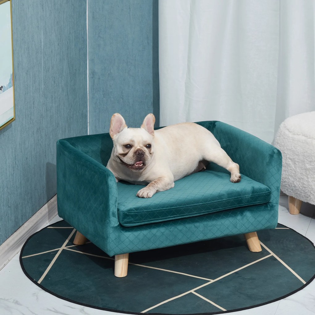 Sofá-cama para cães com design escandinavo, almofada macia e pés em madeira maciça; dimensões: 64 x 45 x 36 cm; veludo azul-pato