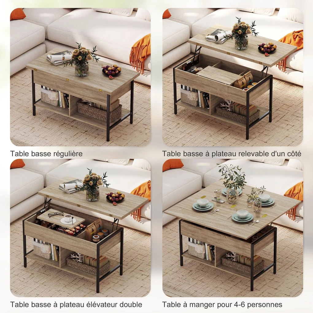 Mesa de Centro Elevável e Extensível, 98 x 49 x 55 cm, Duplo Tampo Elevável, cor Madeira Natural