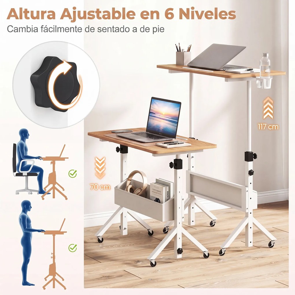 Secretária Elevatória Móvel, 80 x 40 x 70-117 cm, Rodas com Travão, Natural