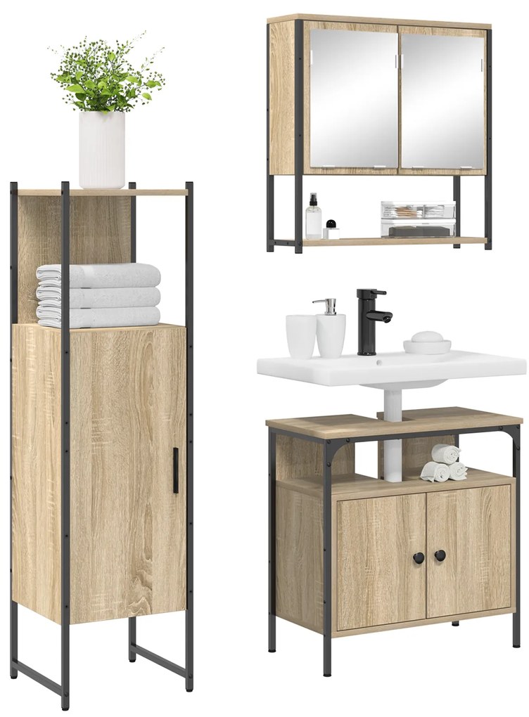 Conjunto de Móveis para Casa de Banho 3 Peças Carvalho Claro e Preto M
