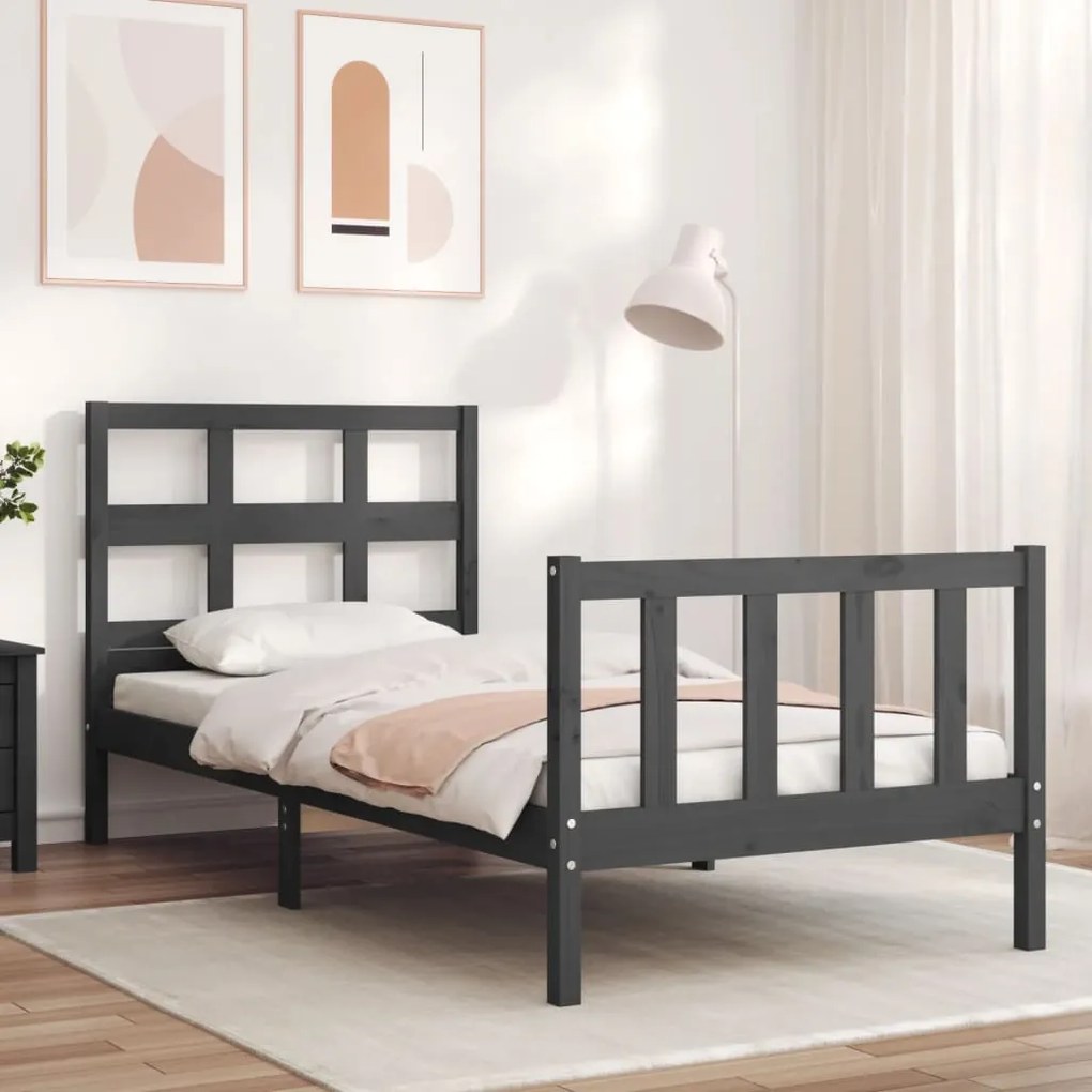 vidaXL Estrutura de cama com cabeceira 90x200 cm madeira maciça cinza