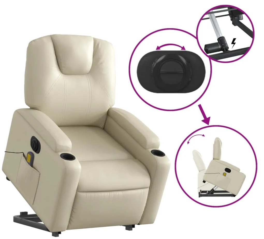 Poltrona reclinável elevatória elétrica couro artificial creme