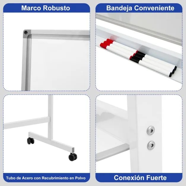 Quadro branco magnético de dupla face móvel Quadro de apagar a seco ajustável com 6 marcadores Apagador para escritório Escola 120 x 60 cm Branco