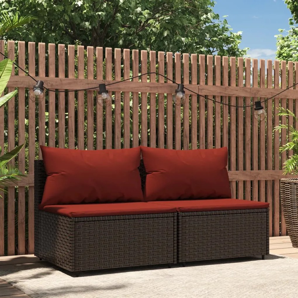 319818 vidaXL Sofás de centro p/ jardim c/ almofadões 2 pcs vime PE castanho