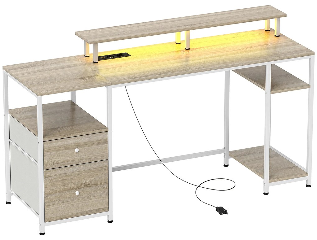 HOMCOM Mesa para Computador com Luzes LED Prateleiras Gavetas Plug Entrada USB e Suporte para Monitor 155,5x48x75,5 cm Madeira | Aosom Portugal
