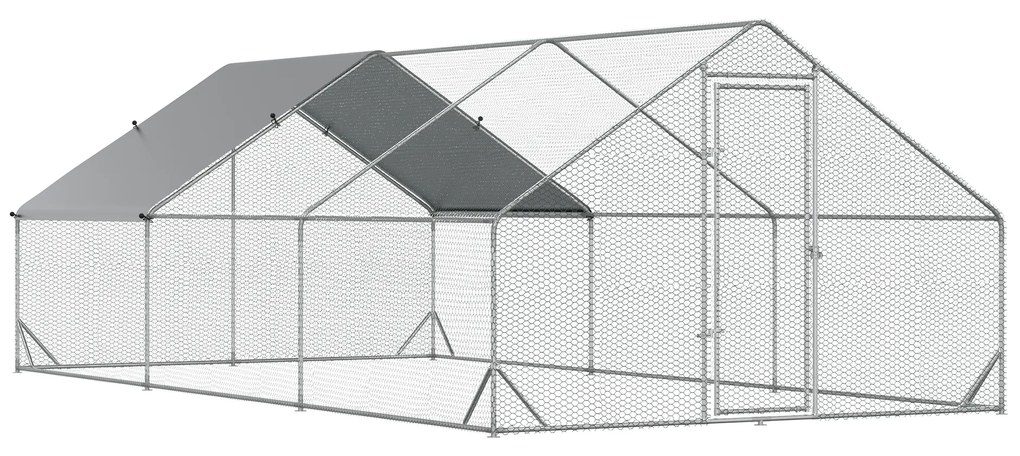 PawHut Galinheiro de Exterior Grande 3x6x2m Gaiola para 12-18 Galinhas de Aço Galvanizado com Teto de PE Prata | Aosom Portugal