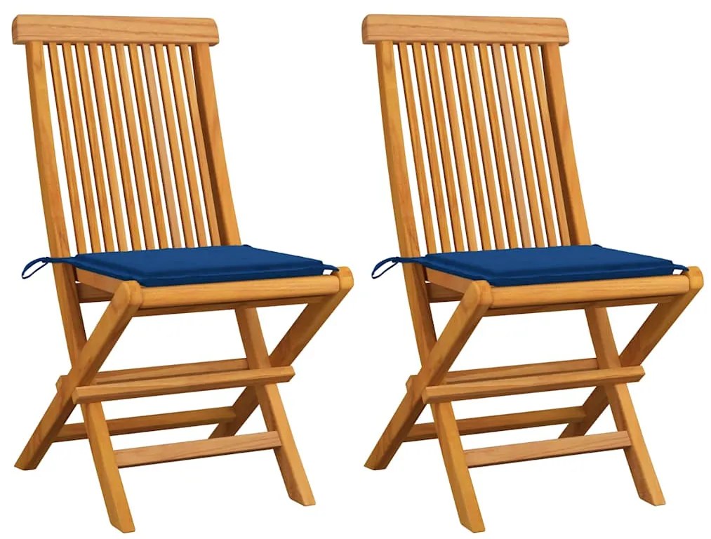 Cadeiras de jardim c/ almofadões azul real 2 pcs teca maciça