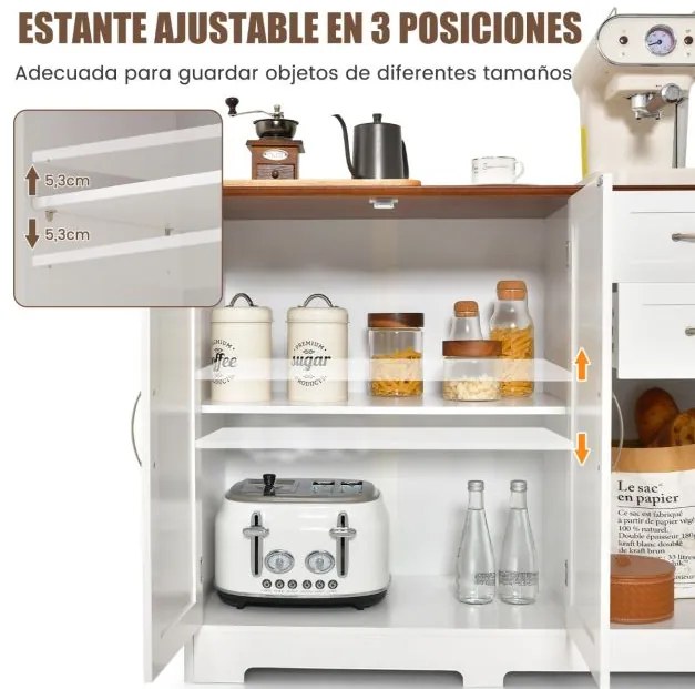 Armário de cozinha com 2 portas 2 gavetas Estante ajustável Armário de arrumação Buffet para sala de jantar 100 x 40 x 78 cm Branco