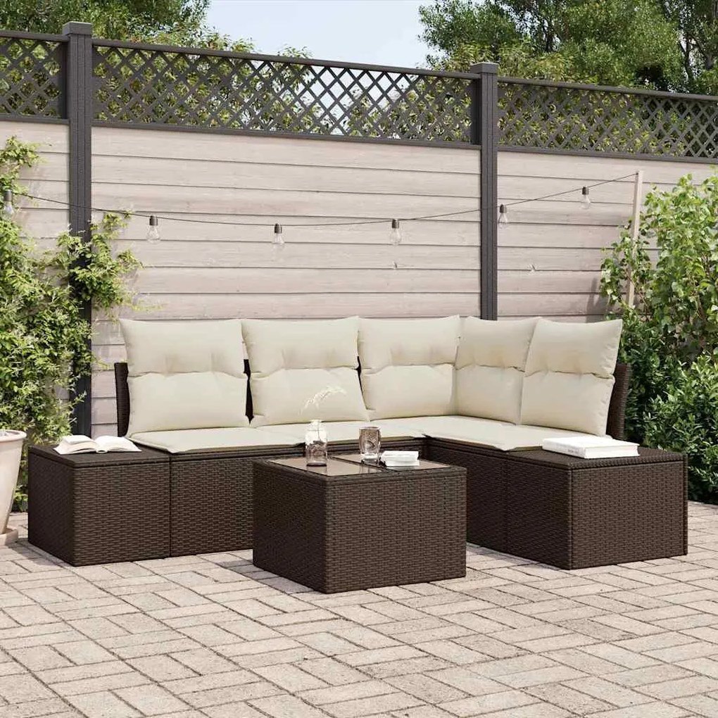 vidaXL Conjunto de sofá de jardim de 5 peças com almofadas - Rattan sintético marrom.