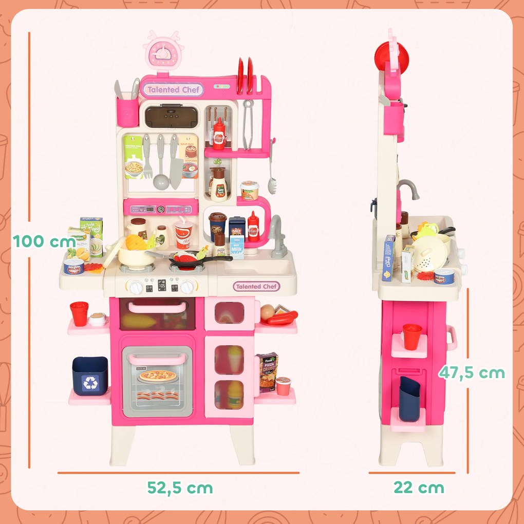Cozinha de Brincar com Luz e Som Cozinha para Crianças com Acessórios Panelas Utensilios e Alimentos Falsos 52,5x22x100 cm Rosa