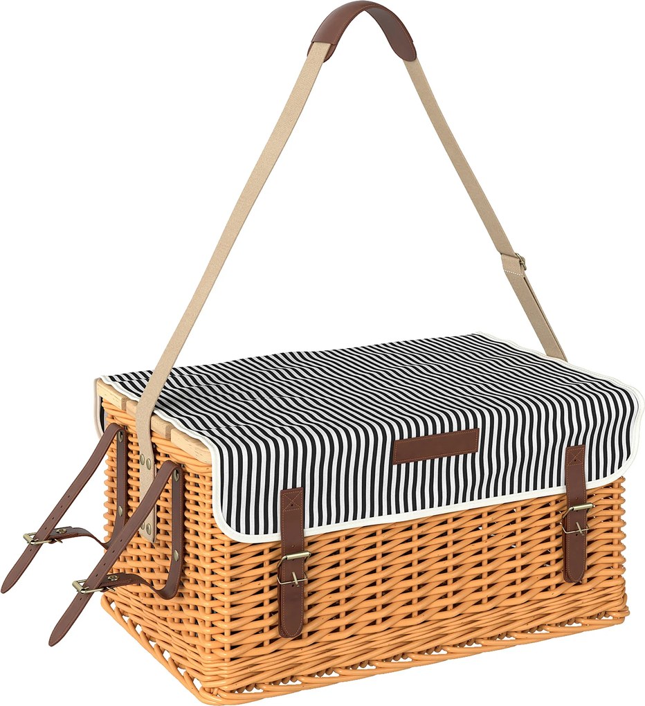 Cesto de piquenique em vime para 4 pessoas 51 x 33 x 25 cm com tabuleiro para garrafas em pinho; cesto de piquenique com alça ajustável em castanho cl