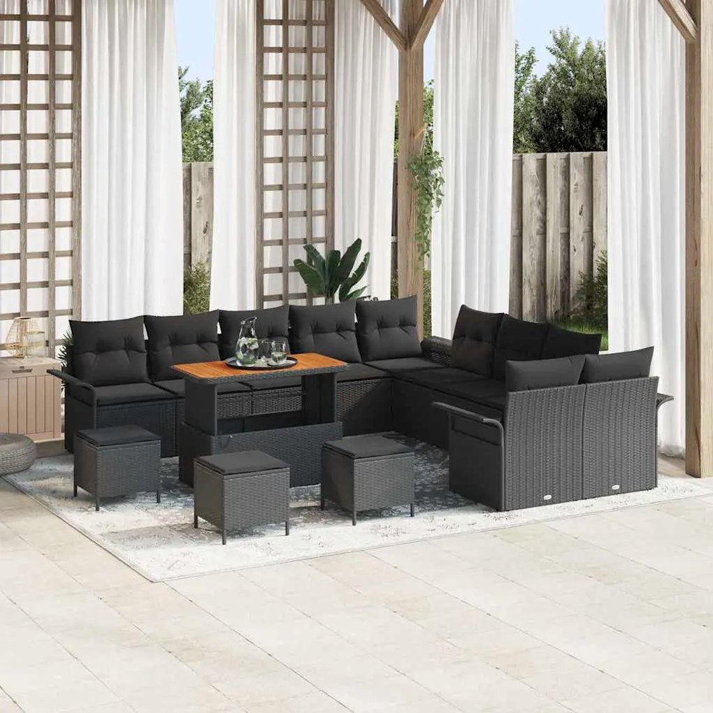 vidaXL Conjunto de Sofá para Jardim com 14 Peças - Almofadas Pretas de Polirattan e Acácia