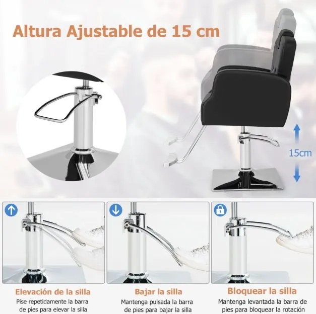 Cadeira de cabeleireiro hidráulica 99-114 cm com apoio de cabeça giratório de 360° com regulação da altura Carga 150 kg Preto