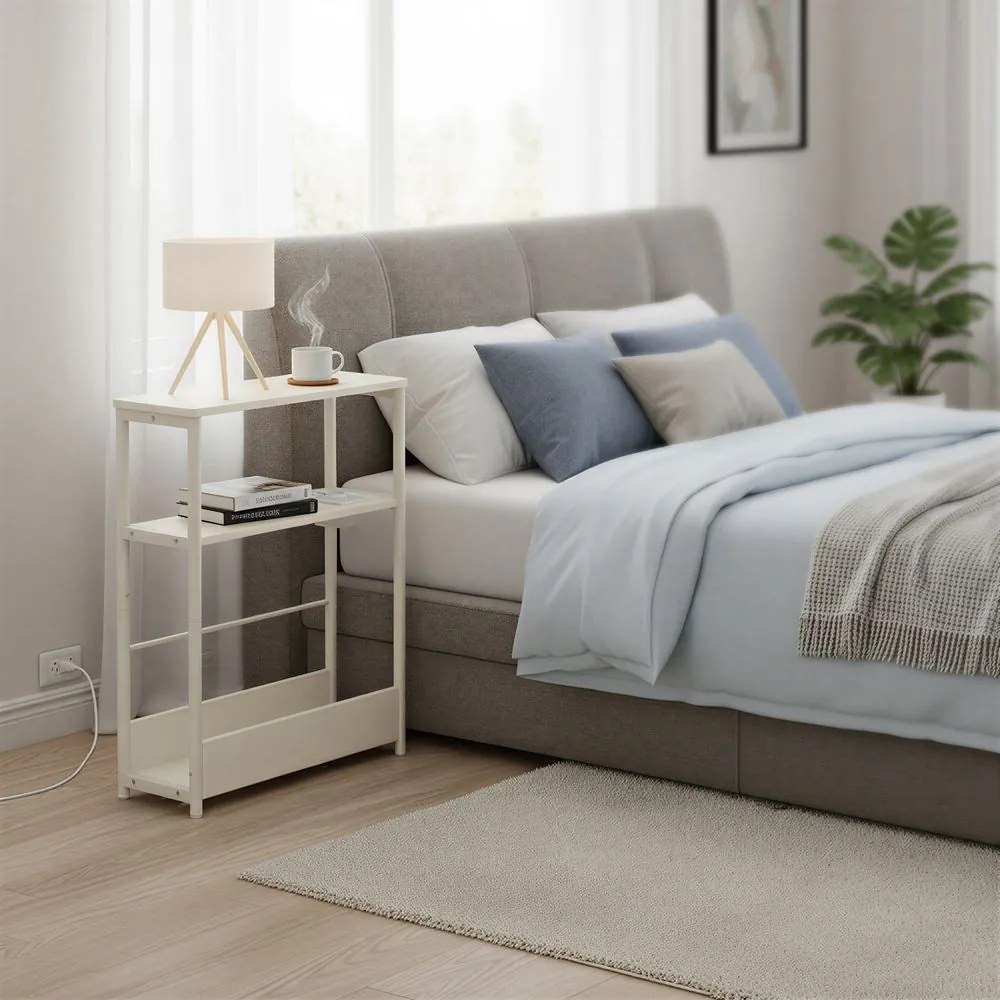 Mesa de apoio ou mesa cabeçeira estreita com 3 prateleiras com porta-revistas 18 x 45 x 58 cm branco creme