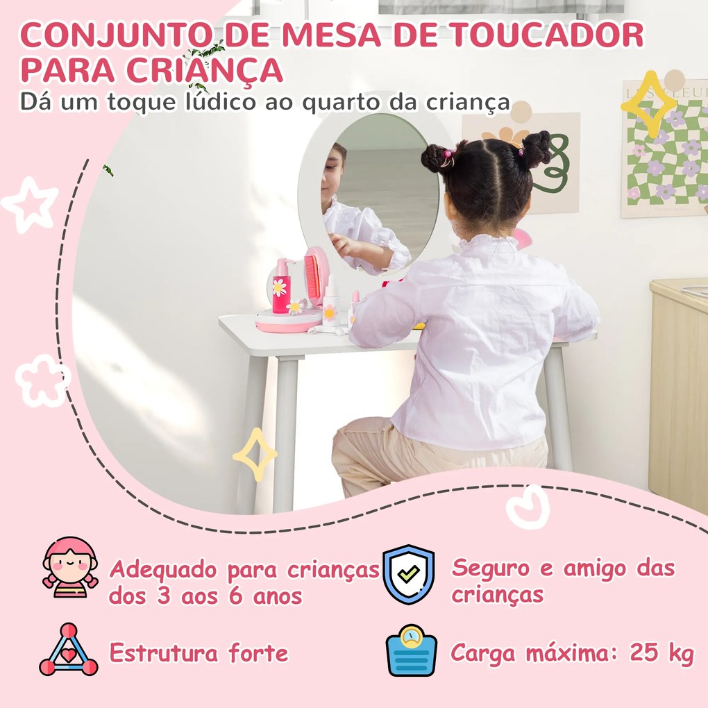 Toucador para Crianças com Banco Toucador de Maquilhagem para Crianças acima de 3 Anos Toucador Infantil com Espelho Branco