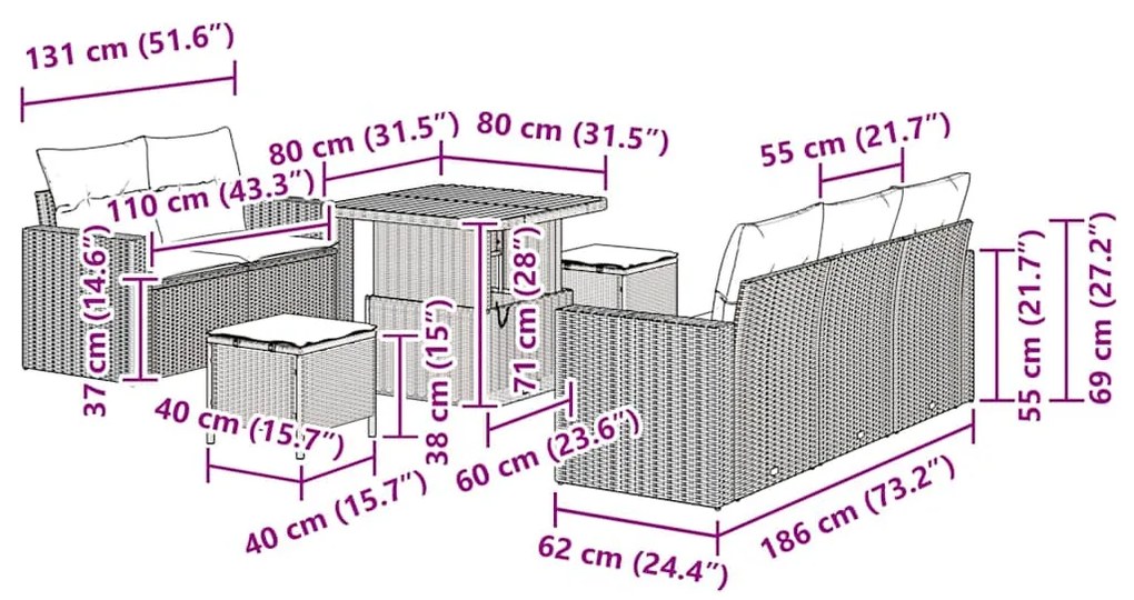 Conjunto de Sofá de Jardim com 8 Peças , Almofadas de Polirattan Bege