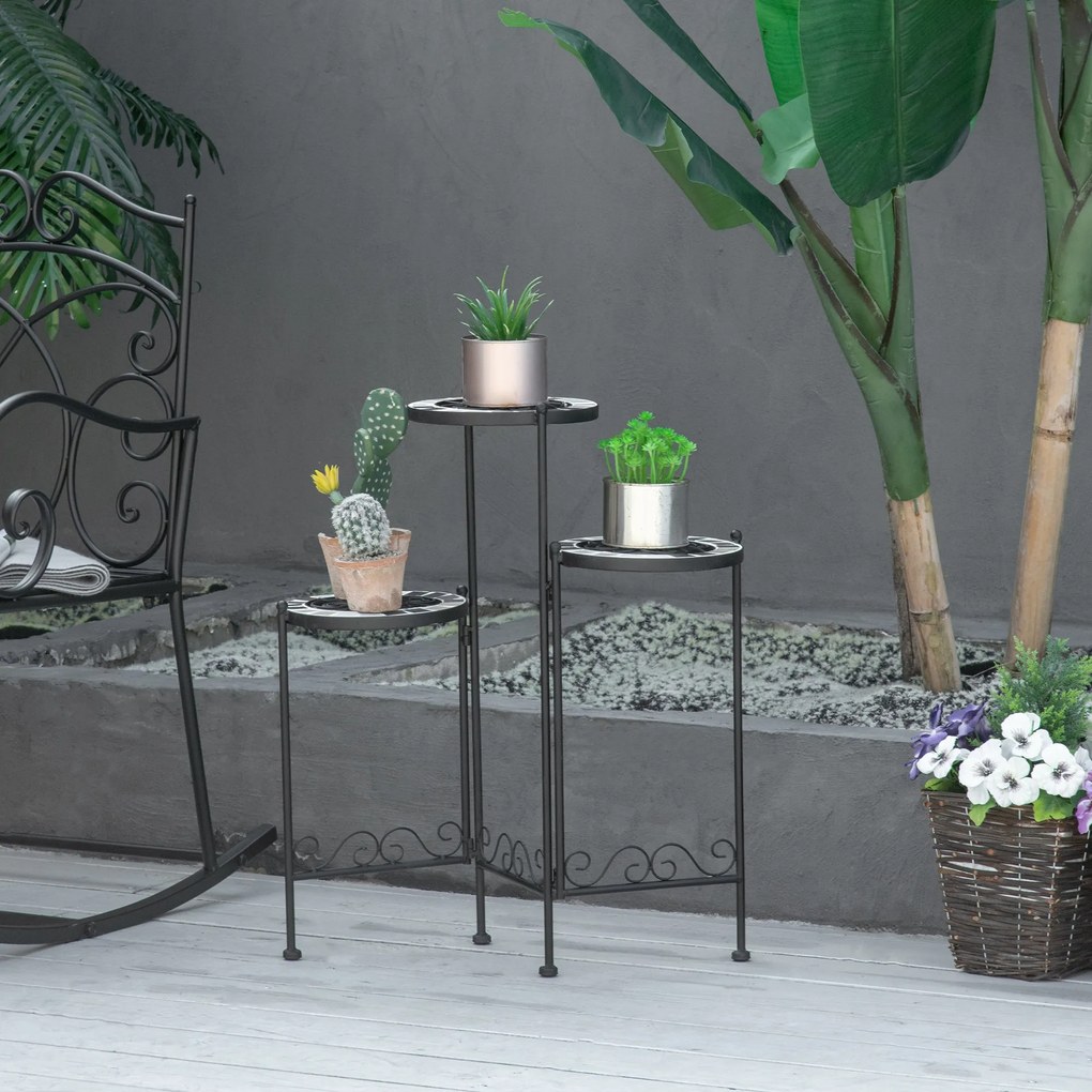 Suporte de Metal para Plantas Dobrável Suporte para Flores com 3 Prateleiras com Bordas de Azulejo para Decoração de Interiores e Exteriores 60x22x65c