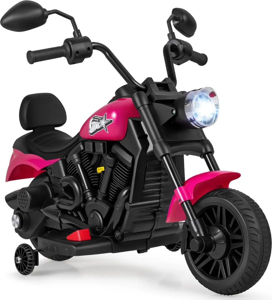 Mota elétrica infantil de 6 V com farol LED, música, 2 rodas, pedais de treino e espelhos retrovisores – a partir dos 18 meses – Preto + Rosa