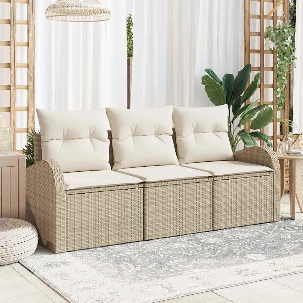 vidaXL Conjunto de Sofá de Jardim com 3 Peças e Almofadas Beiges em Rattan Sintético