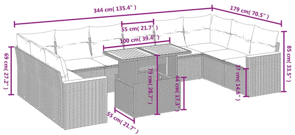 11 pcs conjunto sofás de jardim c/ almofadões vime PE bege
