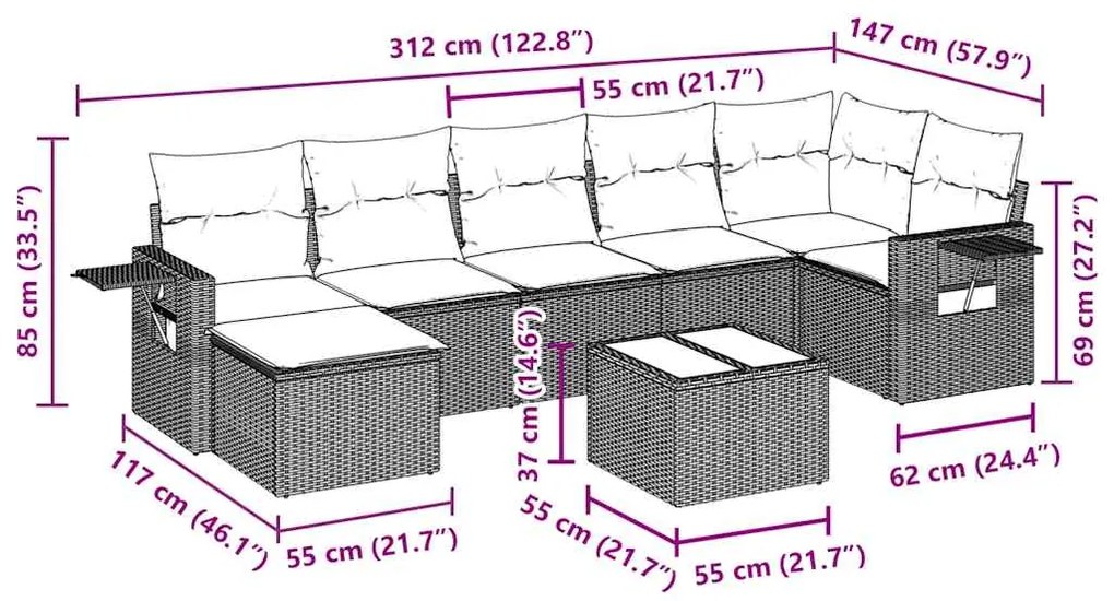 8 pcs conjunto sofás de jardim com almofadões vime PE preto