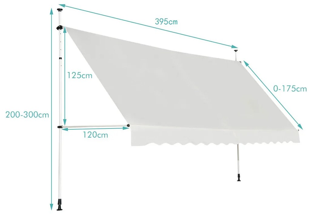 Toldo telescópico e retrátil 400 cm resistente aos raios UV impermeável com manivela altura regulável para janela varanda jardim Bege