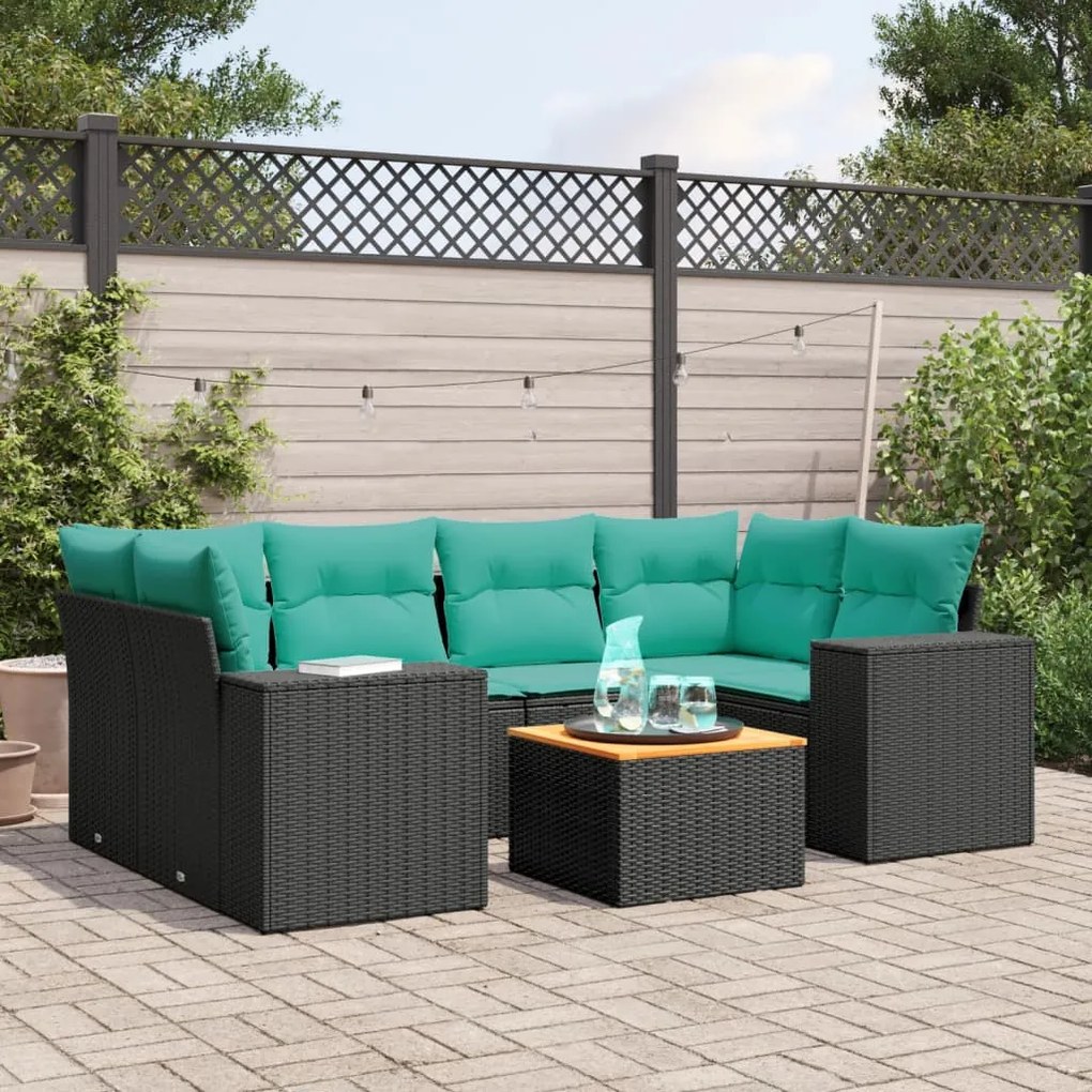 vidaXL 7 pcs conjunto de sofás p/ jardim c/ almofadões vime PE preto