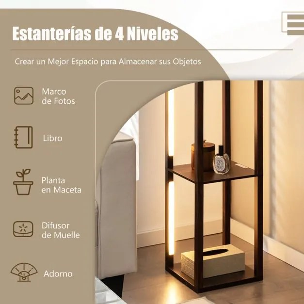 Candeeiro de pé moderno com prateleiras, lâmpadas LED reguláveis em 3 níveis e postes LED giratórios para quarto 29 x 29 x 163 cm cor nogueira