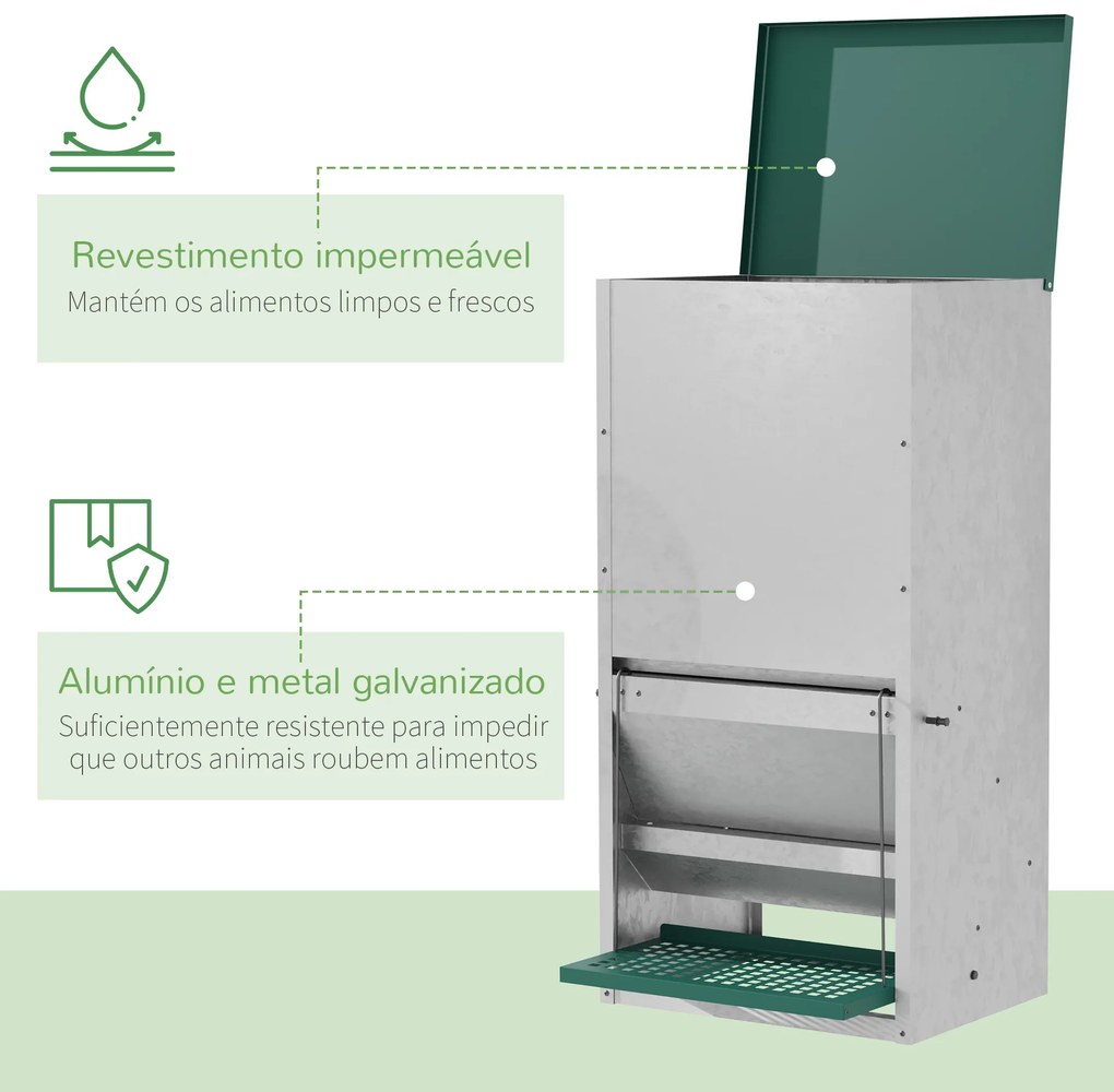PawHut Comedouro para Aves de 24L de Capacidade Comedouro para Galinhas com Abertura Automática com Pedal 33,5x38,5x66cm Prata