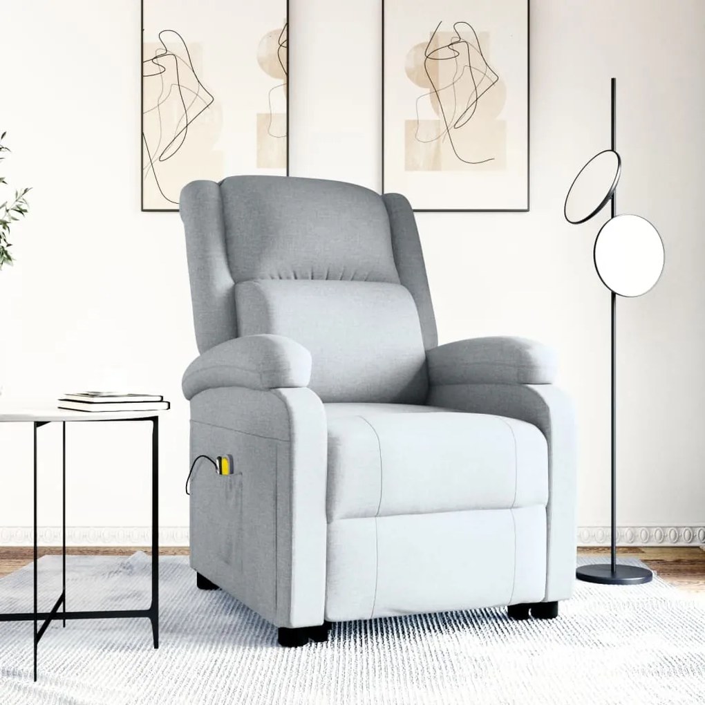 3110978 vidaXL Poltrona elevatória de massagens tecido cinzento-claro