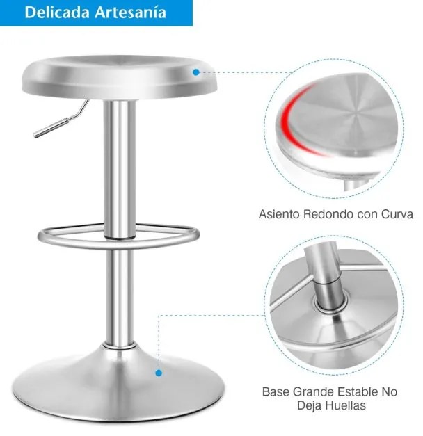 Banco bar giratório ajustável com apoio para os pés, alça e base em aço inoxidável de 82 cm para cozinha ou cafetaria, prateado