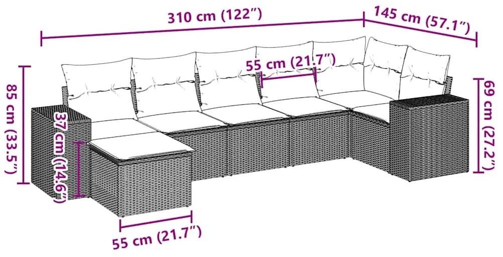 9 pcs conj. sofás jardim com almofadões vime PE cinzento-claro