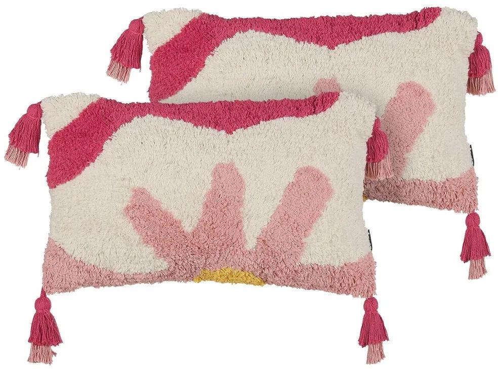 Conjunto de 2 almofadas decorativas com franjas em algodão rosa e branco 30 x 50 ACTAEA Beliani