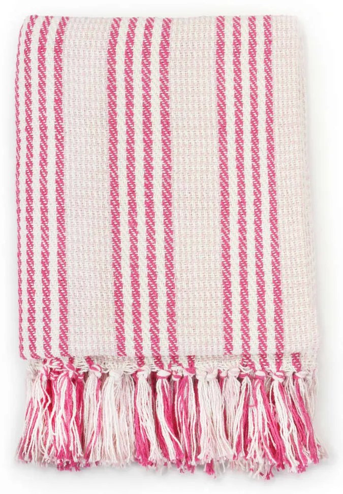 Manta em algodão às riscas 160x210 cm rosa e branco