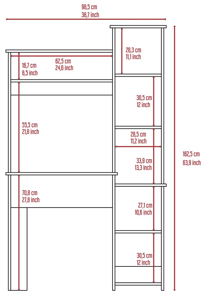 Secretária Versailles com biblioteca com 6 prateleiras, 162,5 x 98,5 x 45,3 cm carvalho claro