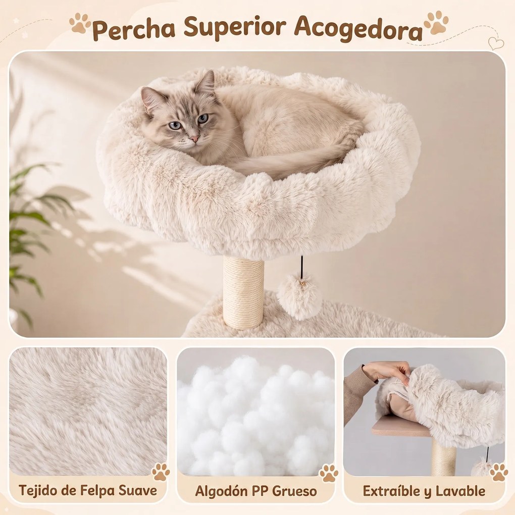 Arranhador para Gatos com Vários Níveis, 86 x 82 x 170 cm, Seis Plataformas e Casota, Bege