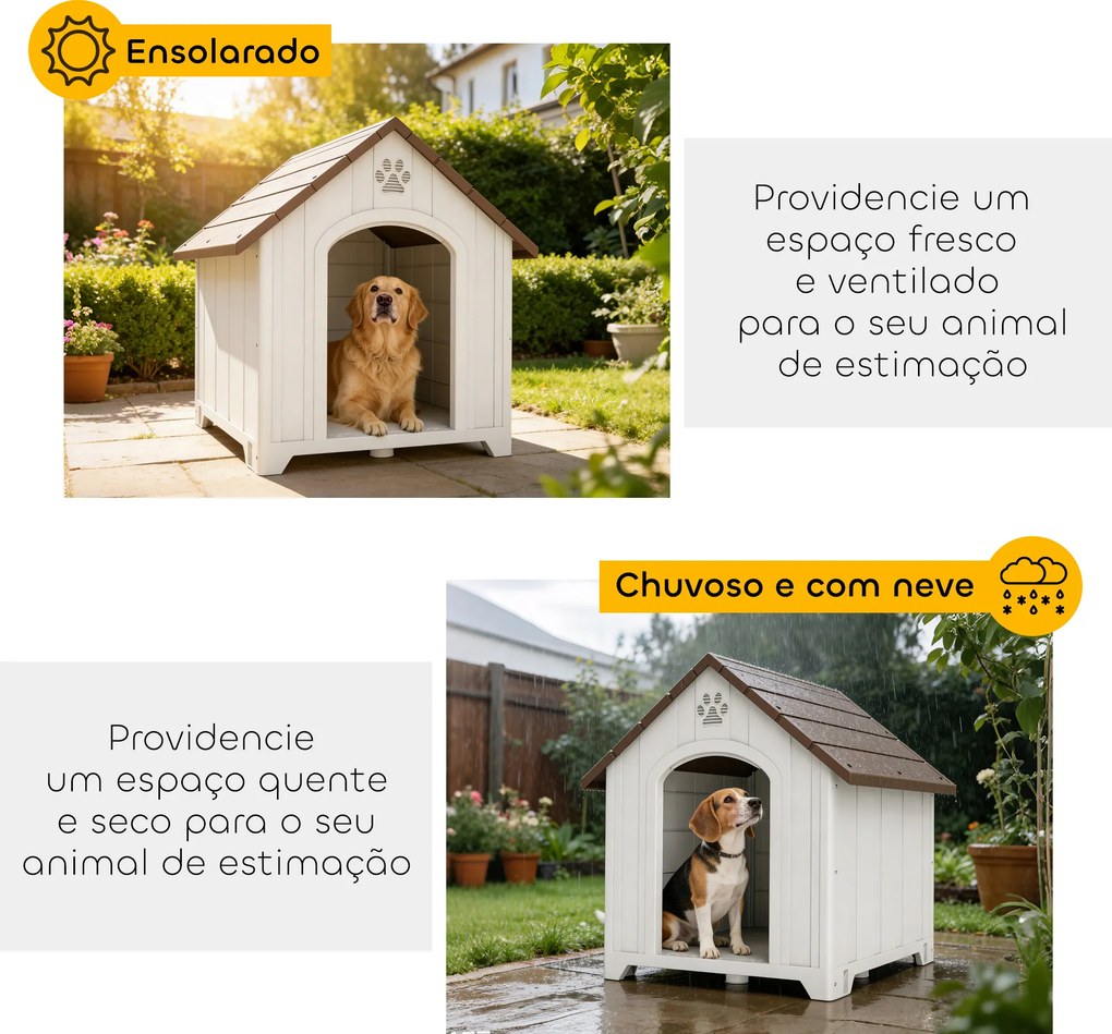 Casota para Cães de Exterior Casa para Cães Grandes de Plástico com 2 Janelas Base Elevada Estacas Castanho Escuro