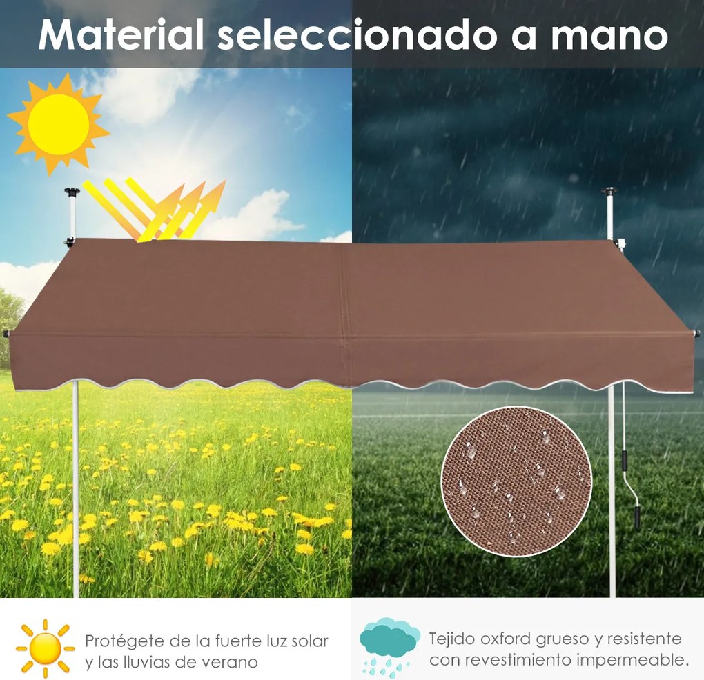 Toldo Exterior Terraço varanda 200 x 125 cm  Altura Ajustável 2-3 m com Manivela e Resistente às Intempéries Castanho
