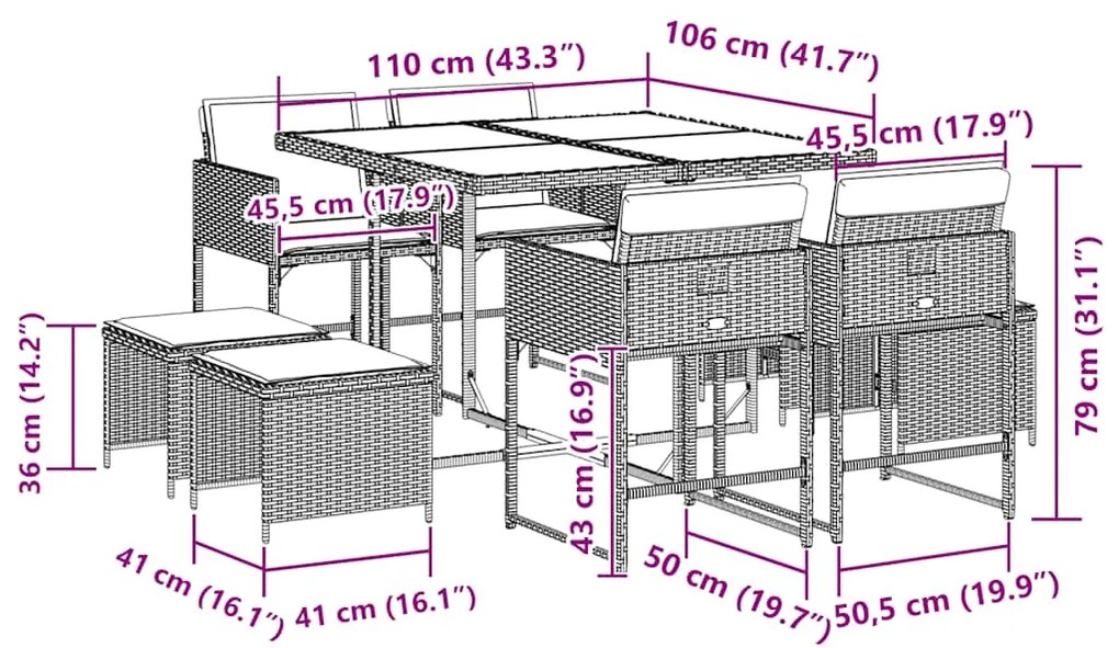 9 pcs conjunto de jantar p/ jardim c/ almofadões vime PE preto